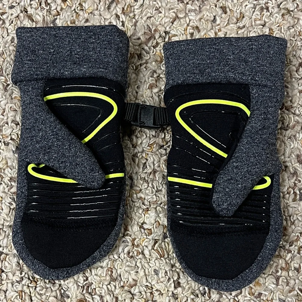 Head Charcoal Mittens with Vibrant Yellow Emblem